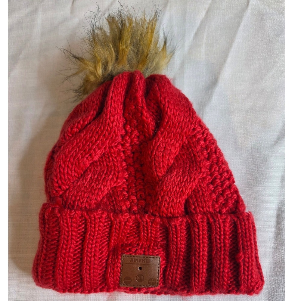 Amyker Bluetooth Beanie Red Cable Knit Wireless Headphone Hat Faux Fur Pom Pom